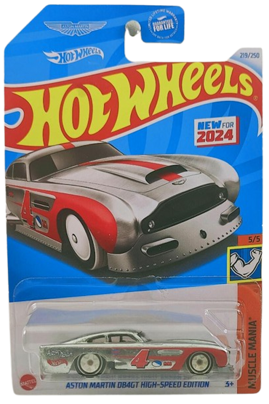 Hot Wheels 2024 - Collector # 219/250 - Muscle Mania - New Models - Aston Martin DB4GT High-Speed Edition - ZAMAC / Red Stripe & Scallops / #4 - USA 'Aston Martin' Card