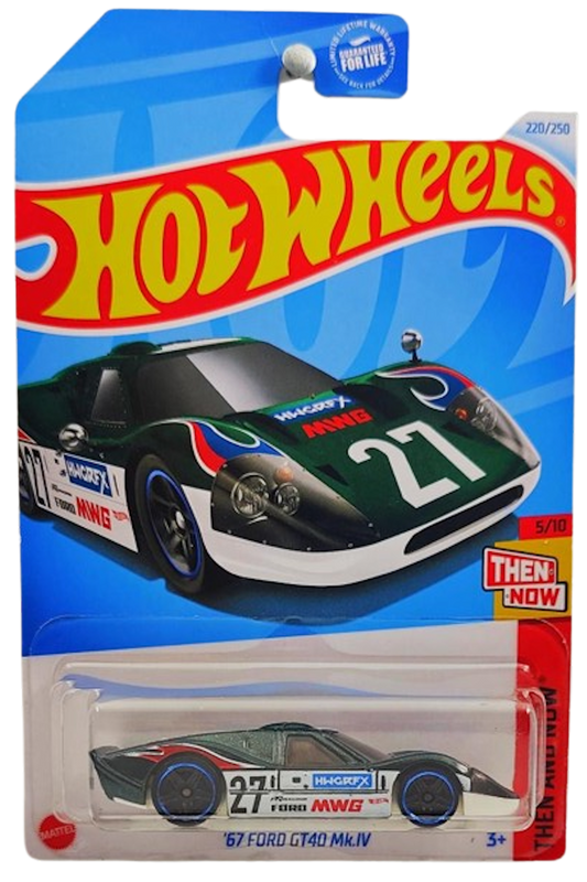 Hot Wheels 2024 - Collector # 220/250 - Then and Now 5/10 - '67 Ford GT40 Mk.IV - Metalflake Dark Green / #27 / Various Racing Decals - USA Card