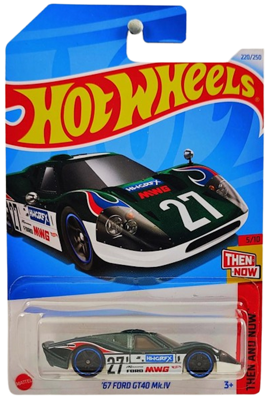 Hot Wheels 2024 - Collector # 220/250 - Then and Now 5/10 - '67 Ford GT40 Mk.IV - Metalflake Dark Green / #27 / Various Racing Decals - IC