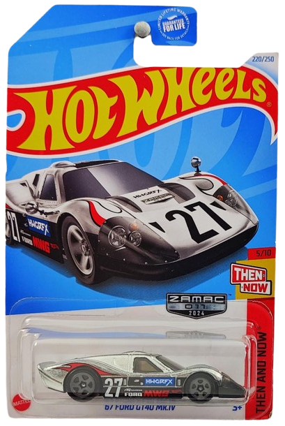 Hot Wheels 2024 - Collector # 220/250 - Then and Now 5/10 - ZAMAC 011 - '67 Ford GT40 Mk.IV - ZAMAC / #27 / Various Racing Decals - Walmart Exclusive - USA Card