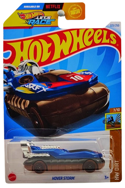 Hot Wheels 2024 - Collector # 223/250 - HW Dirt 7/10 - Hover Storm - Dark Blue Metalflake - USA 'Let's Race' Card