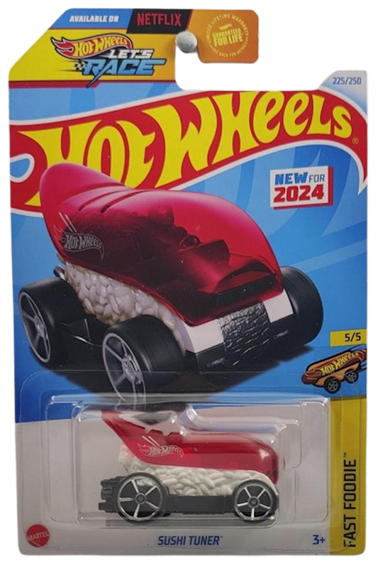 Hot Wheels 2024 - Collector # 225/250 - Fast Foodie 5/5 - New Models - Sushi Tuner - Transparent Red Canopy / White Body - USA Card