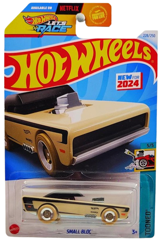 Hot Wheels 2024 - Collector # 228/250 - Tooned 5/5 - New Models - Small Bloc - Tan / Black Roof & Stripes - USA 'Let's Race' Card