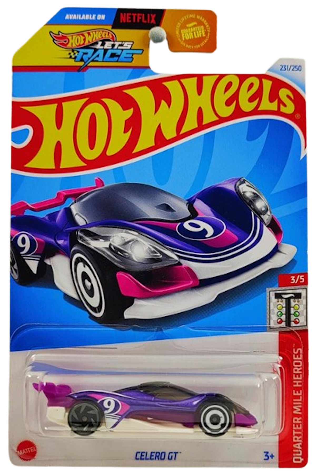 Hot Wheels 2024 - Collector # 231/250 - Quarter Mile Heros 3/5 - Celero GT - Purple / #9 - USA 'Let's Race' Card