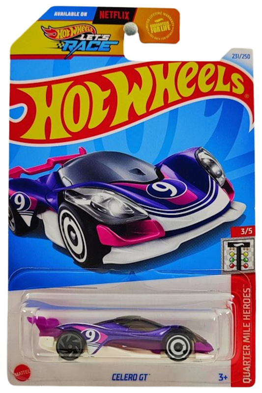 Hot Wheels 2024 - Collector # 231/250 - Quarter Mile Heros 3/5 - Celero GT - Purple / #9 - USA 'Let's Race' Card