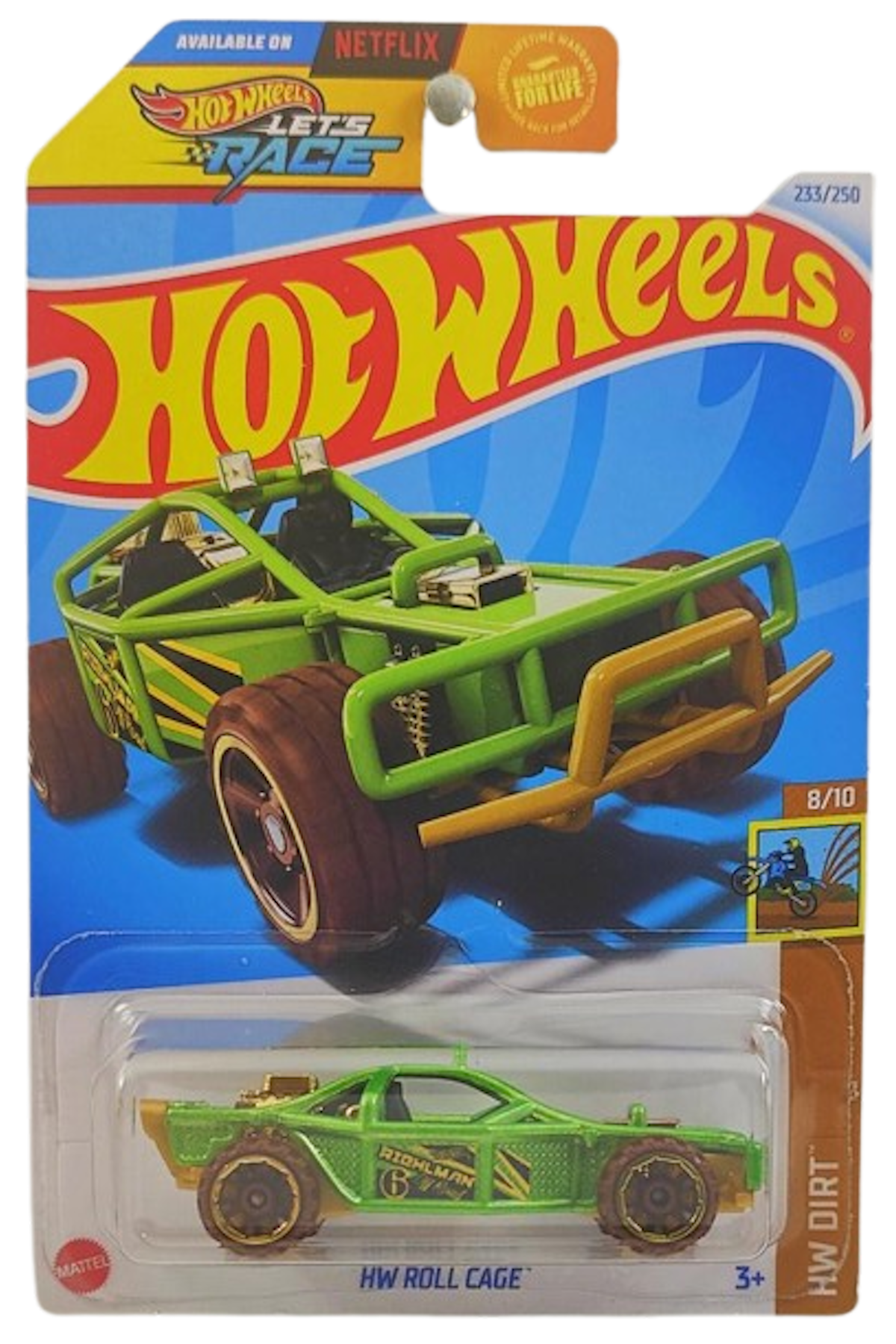 Hot Wheels 2024 - Collector # 233/250 - HW Dirt 8/10 - HW Roll Cage - Green - USA 'Let's Race' Card