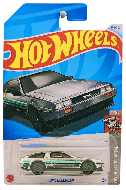 Hot Wheels 2024 - Collector # 236/250 - HW Rolling Metal 3/5 - Treasure Hunts - DMC Delorean - ZAMAC / Circle Flame Logo on Front Fender - International Card