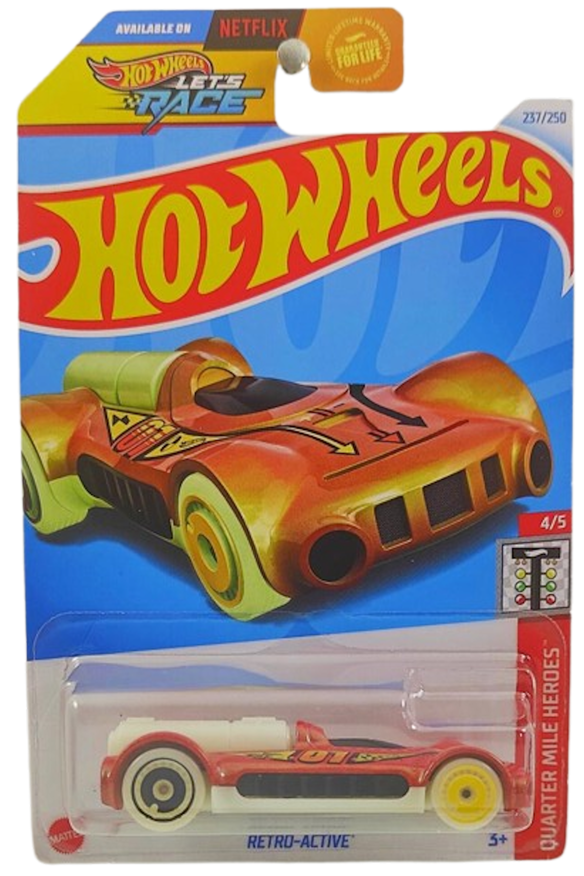 Hot Wheels 2024 - Collector # 237/250 - Quarter Mile Heroes 4/5 - Retro-Active - Metallic Orange - USA 'Let's Race' Card