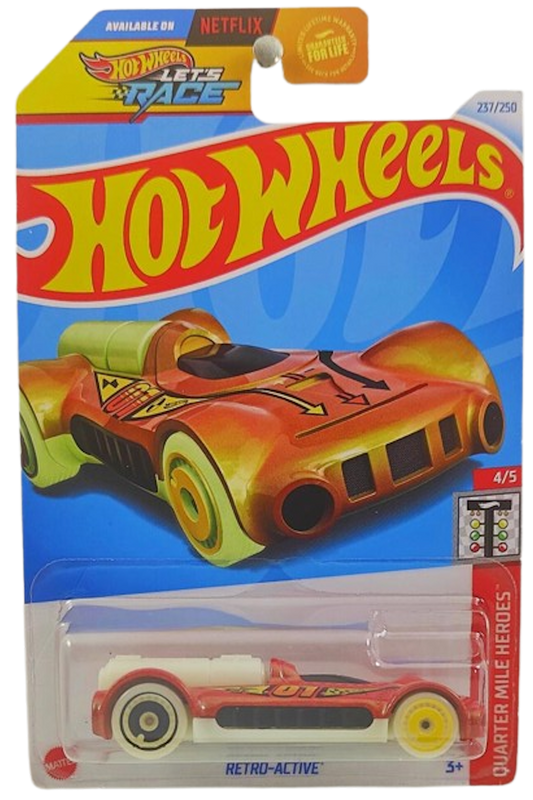 Hot Wheels 2024 - Collector # 237/250 - Quarter Mile Heroes 4/5 - Retro-Active - Metallic Orange - USA 'Let's Race' Card