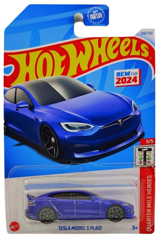 Hot Wheels 2024 - Collector # 238/250 - Quarter Mile Heroes 5/5 - New Models - Tesla Model S Plaid - Blue - USA Card