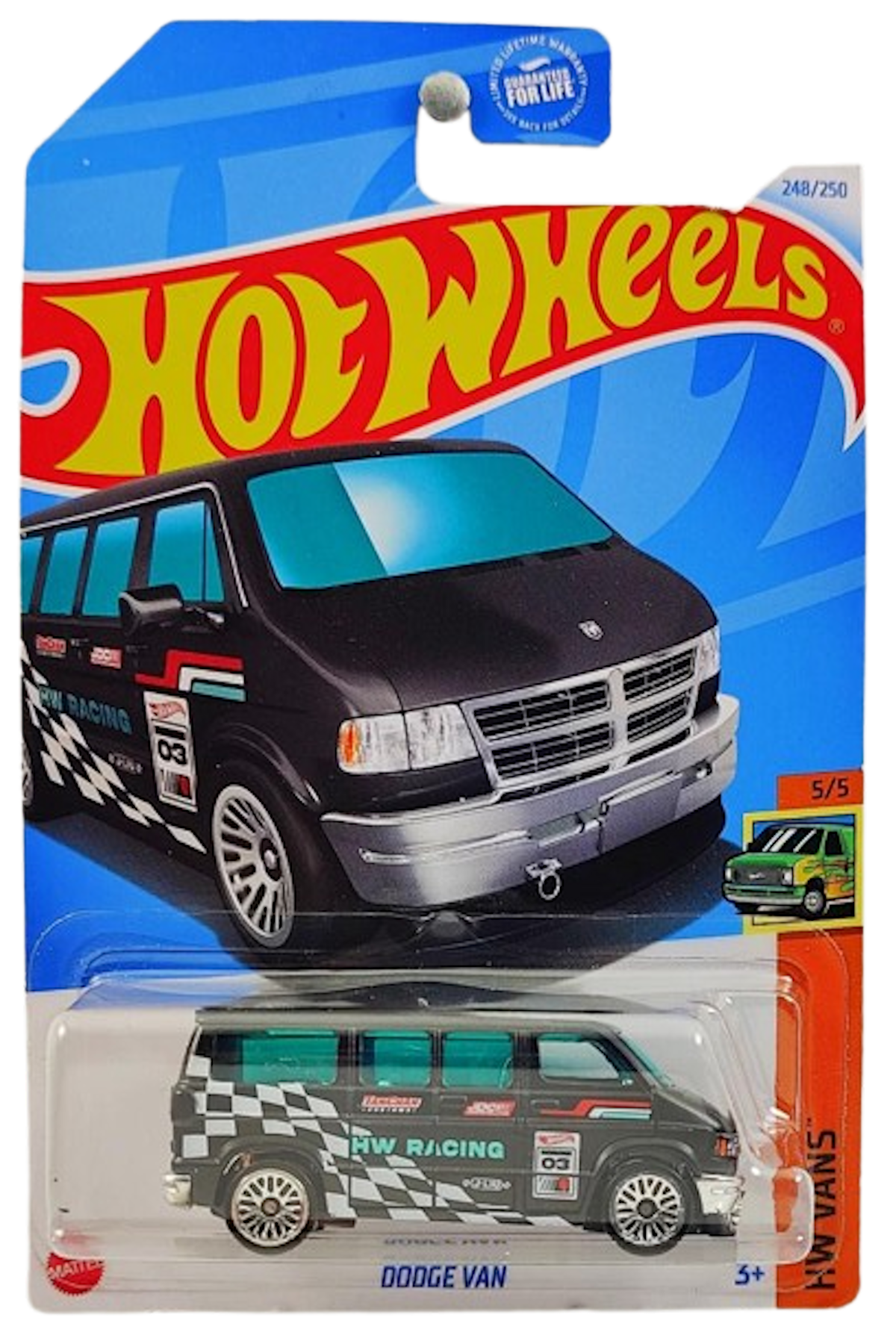 Hot Wheels 2024 - Collector # 248/250 - HW Vans 5/5 - Dodge Van - Matte Black / HW Racing / Various Racing Decals - USA Card