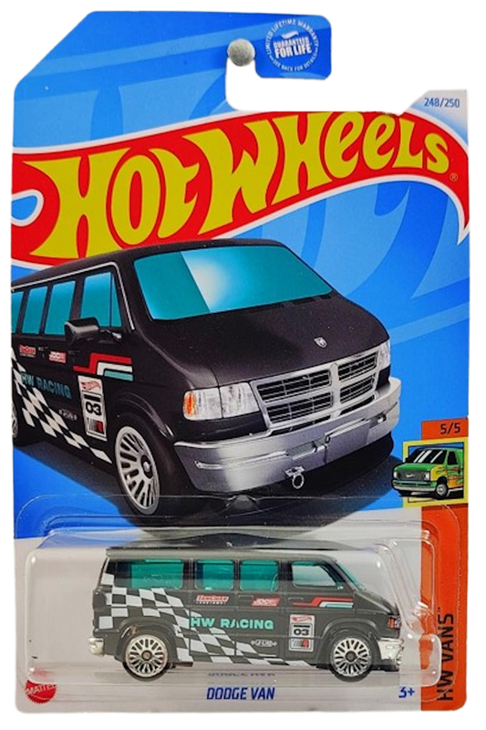 Hot Wheels 2024 - Collector # 248/250 - HW Vans 5/5 - Dodge Van - Matte Black / HW Racing / Various Racing Decals - USA Card