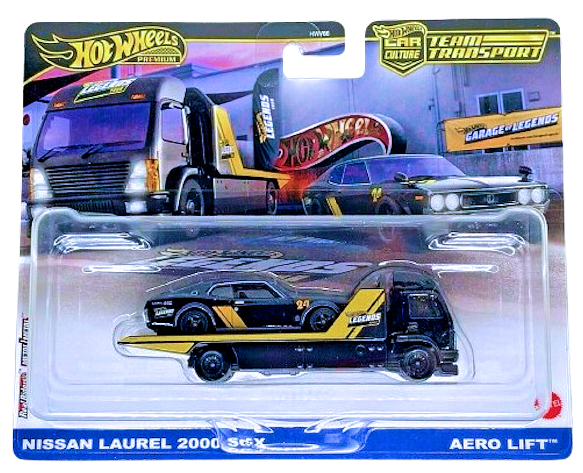 Hot Wheels 2024 - Premium / Car Culture / Team Transport / Legends Tour - Nissan Laurel 2000 SGX & Aero Lift - Matte Black - Metal/Metal & Real Riders - Legends Tour Large Card