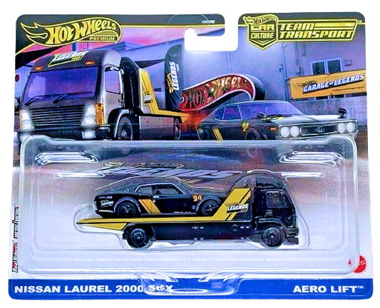 Hot Wheels 2024 - Premium / Car Culture / Team Transport / Legends Tour - Nissan Laurel 2000 SGX & Aero Lift - Matte Black - Metal/Metal & Real Riders - Legends Tour Large Card