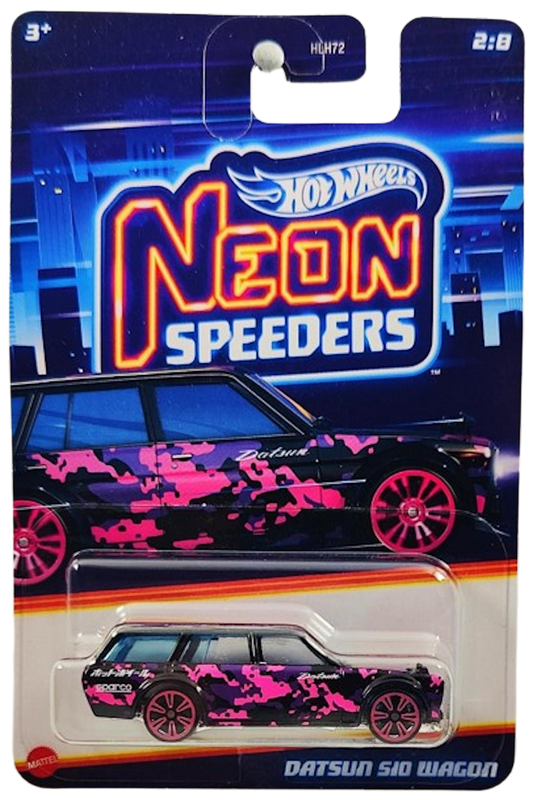 Hot Wheels 2024 - Mix 1 / Neon Speeders 2/8 - Datsun 510 Wagon - Black / Pink & Purple Digital Graphics - Pink NS6 Wheels - Walmart Exclusive