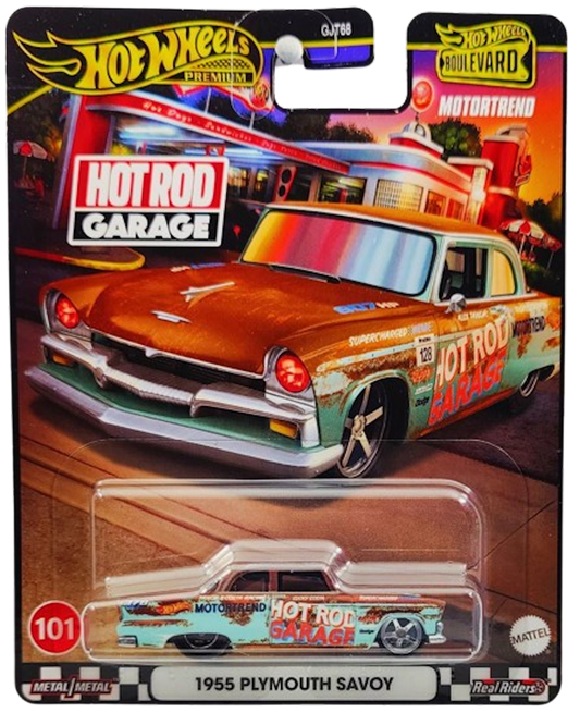 Hot Wheels 2024 - Premium / Boulevard # 101 - 1955 Plymouth Savoy - Classic Patina / Hot Rod Garage - Metal/Metal & Real Riders - Walmart Exclusive - NEW Casting!