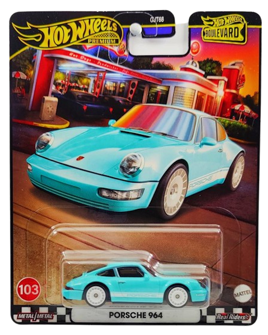 Hot Wheels 2024 - Premium / Boulevard # 103 - Porsche 964 - Aqua / White Stripe - Metal/Metal & Real Riders - Walmart Exclusive