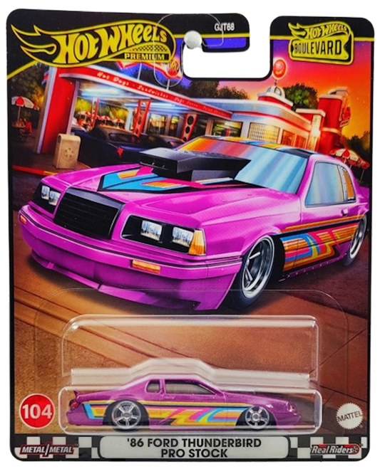 Hot Wheels 2024 - Premium / Boulevard # 104 - '86 Ford Thunderbird Pro Stock - Purple / Yellow, Orange, Pink & Blue Graphics - Metal/Metal & Real Riders - Walmart Exclusive