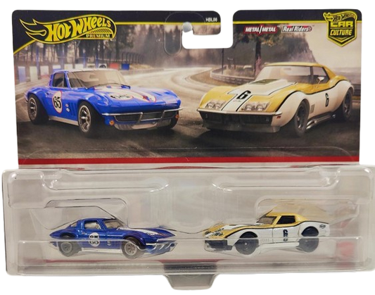 Hot Wheels 2024 - Premium / Car Culture 2-Pack / Corvette Race Cars - Custom Corvette Coupe & '69 COPO Corvette - Metal/Metal & Real Riders - Large Display Blister Card