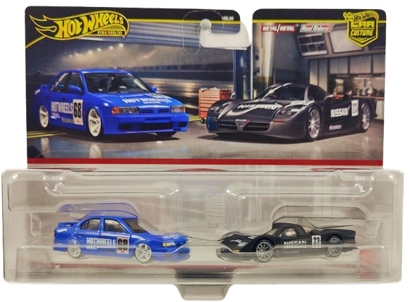 Hot Wheels 2024 - Premium / Car Culture 2-Pack / Nissan Race Cars - '94 Nissan Primera & Nissan R390 GT1 - Metal/Metal & Real Riders - Large Display Blister Card