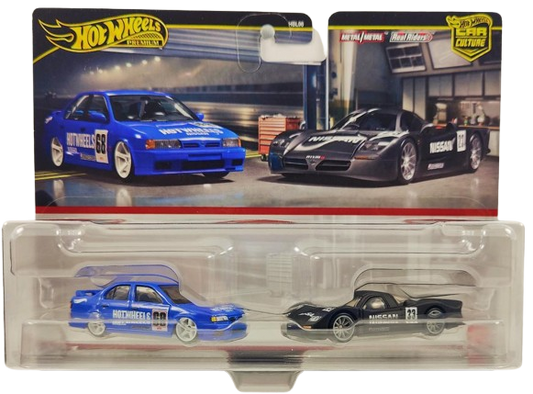 Hot Wheels 2024 - Premium / Car Culture 2-Pack / Nissan Race Cars - '94 Nissan Primera & Nissan R390 GT1 - Metal/Metal & Real Riders - Large Display Blister Card