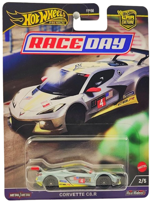 Hot Wheels 2024 - Premium / Car Culture / Race Day 2/5 - Corvette C8.R - Gray / Yellow Stripe / #4 - Metal/Metal & Real Riders