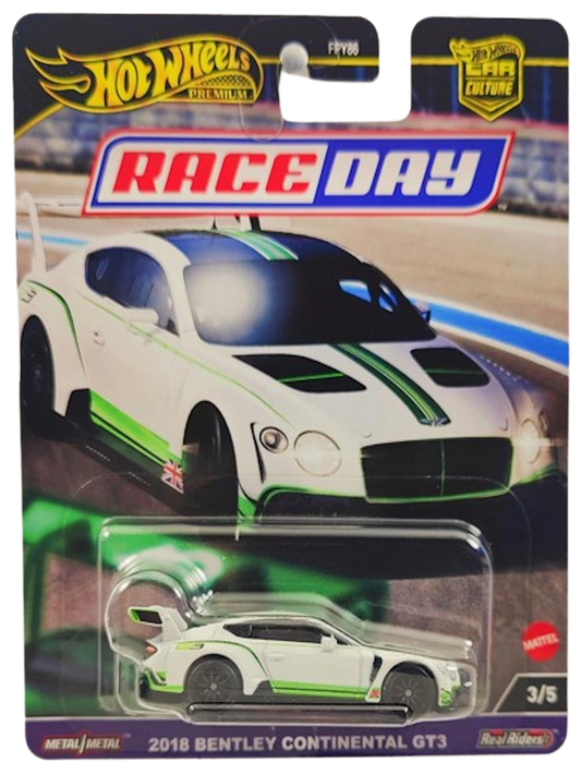 Hot Wheels 2024 - Premium / Car Culture / Race Day 3/5 - 2018 Bentley Continental GT3 - White / Green & Black Stripes - Metal/Metal & Real Riders