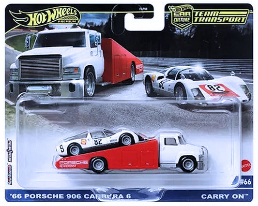 Hot Wheels 2024 - Premium / Car Culture / Team Transport # 66 - '66 Porsche 906 Carrera 6 & Carry On - Red & White / Porsche / #82 - Metal/Metal & Real Riders - Large Blister Card