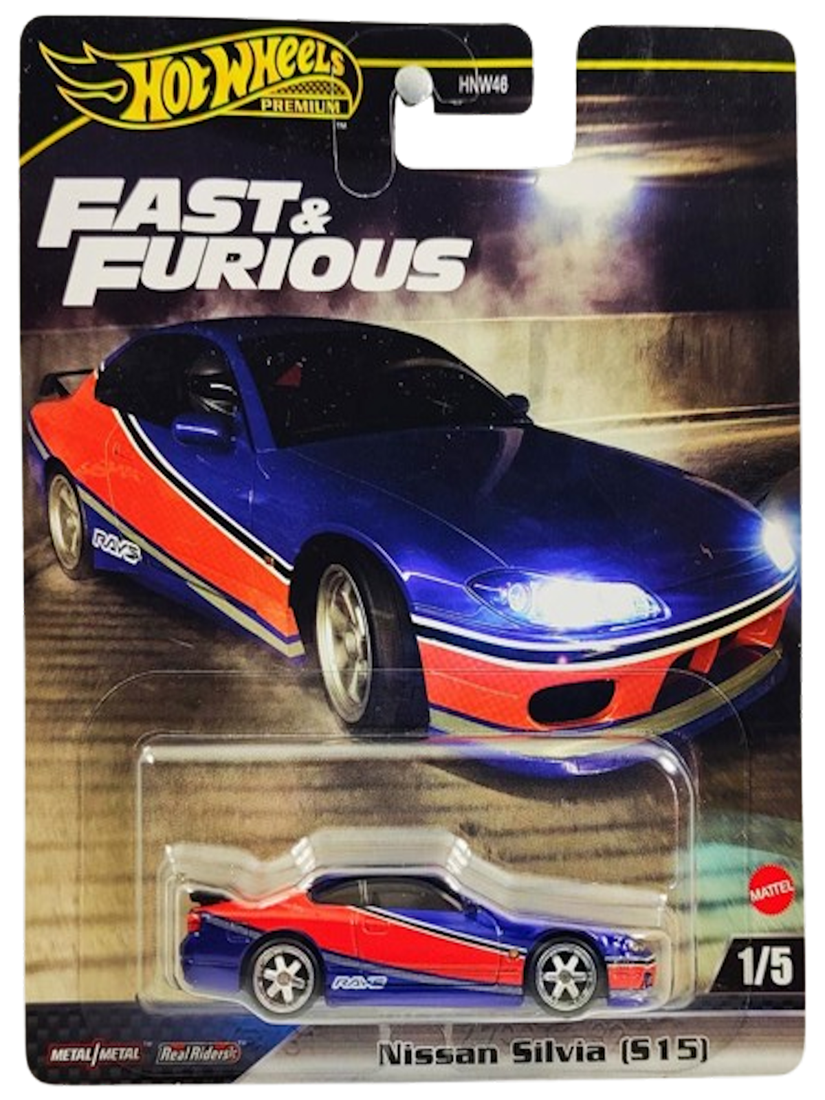 Hot Wheels 2024 - Premium / Fast & Furious Series 1/5 - Nissan Silvia (S15) - Blue / Red Stripe - Metal/Metal & Real Riders