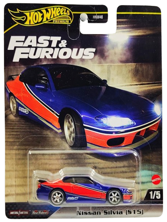 Hot Wheels 2024 - Premium / Fast & Furious Series 1/5 - Nissan Silvia (S15) - Blue / Red Stripe - Metal/Metal & Real Riders