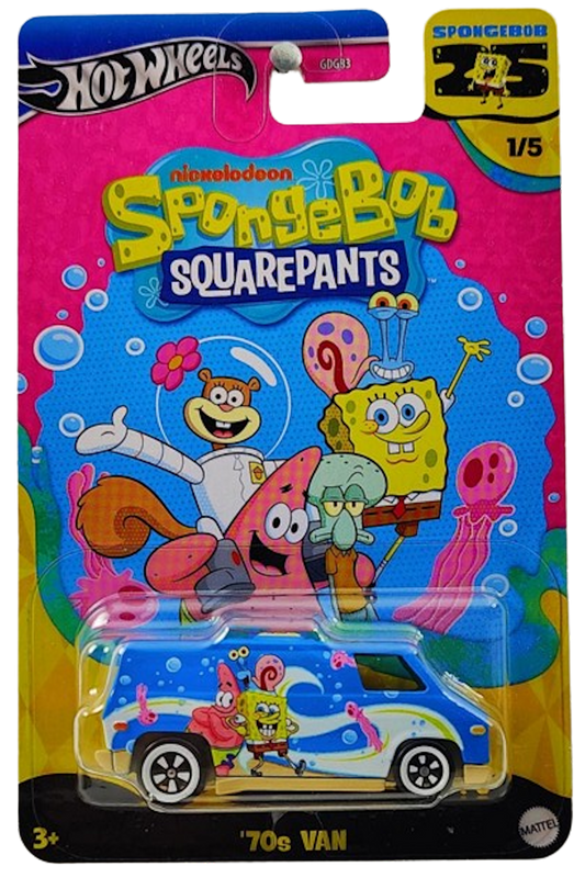 Hot Wheels 2024 - Spongebob 25th Anniversary / Nickelodeon Spongebob Squarepants 1/5 - '70s Van - Blue / Spongbob Graphics - White C5 Wheels - Metal/Metal - Walmart Exclusive Theme Series