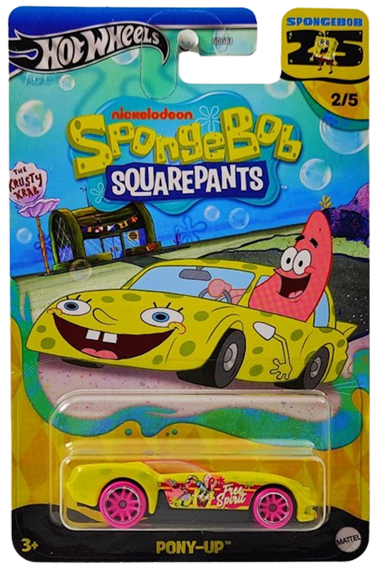 Hot Wheels 2024 - Spongebob 25th Anniversary / Nickelodeon Spongebob Squarepants 2/5 - Pony-Up - Yellow / "Free Spirit" - Pink MM5 Wheels - Metal/Plastic - Walmart Exclusive Theme Series