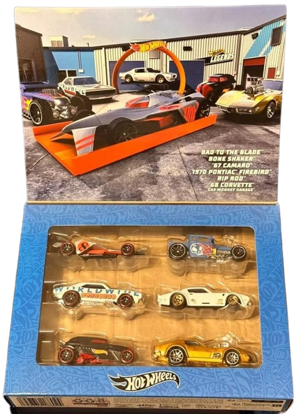 Hot Wheels 2024 - Theme Multipack / Legends Tour - Bad to the Blade / Bone Shaker / '67 Camaro / 1970 Pontiac Firebird / Rip Rod / '68 Corvette - Gas Monkey Garage - All Basic Wheels - Box Set 6 Vehicles