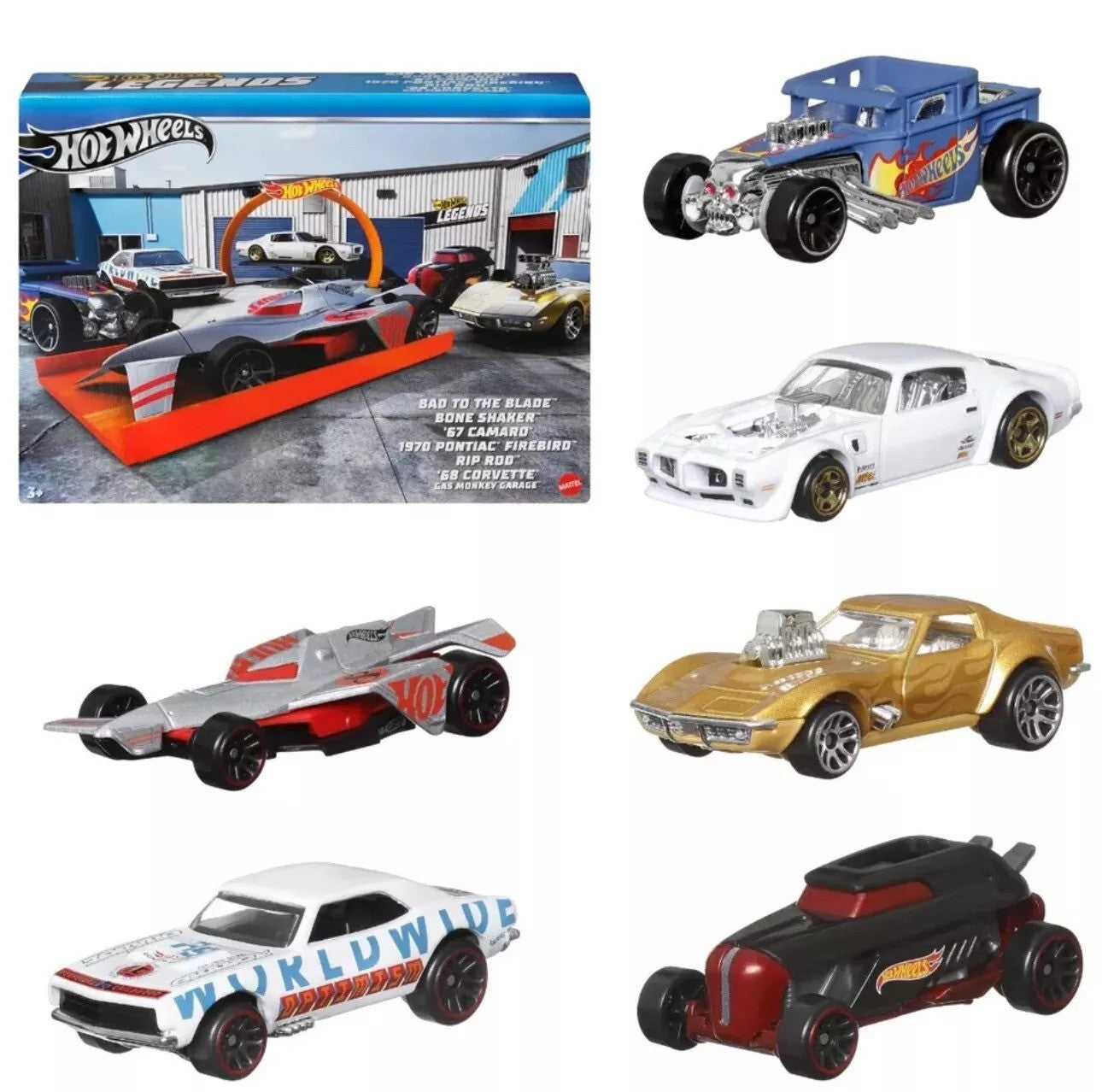 Hot Wheels 2024 - Theme Multipack / Legends Tour - Bad to the Blade / Bone Shaker / '67 Camaro / 1970 Pontiac Firebird / Rip Rod / '68 Corvette - Gas Monkey Garage - All Basic Wheels - Box Set 6 Vehicles