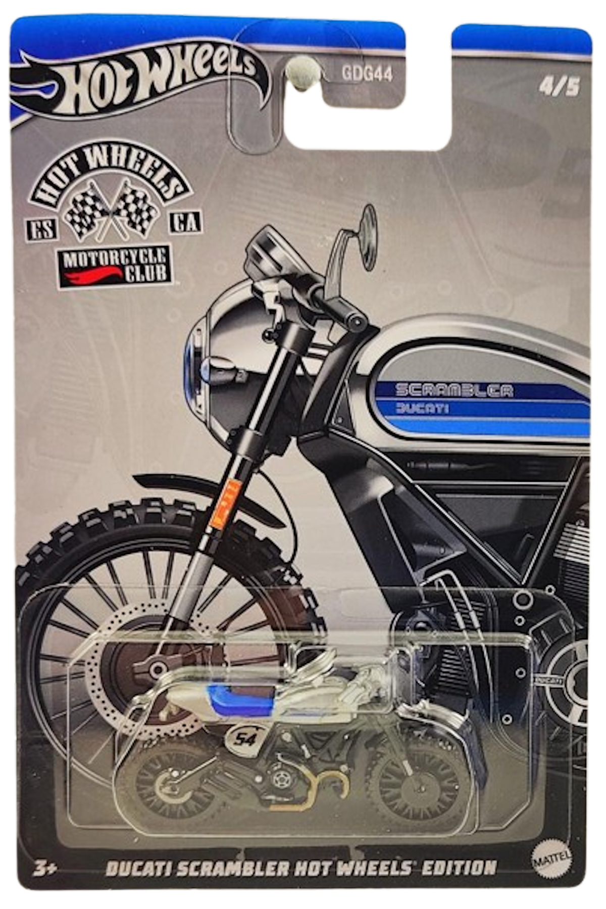 Hot Wheels 2024 Theme Motorcycle Club Series 4 5 Ducati Scrambler Hot Wheels Edition Black Silver Blue Seat 54 Blister Card