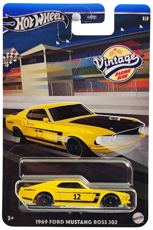 Hot Wheels 2024 - Theme / Mix 2 / Vintage Racing Club 3/5 - 1969 Ford Mustang Boss 302 - Yellow / #12 - MM5 Wheels - Kroger Exclusive