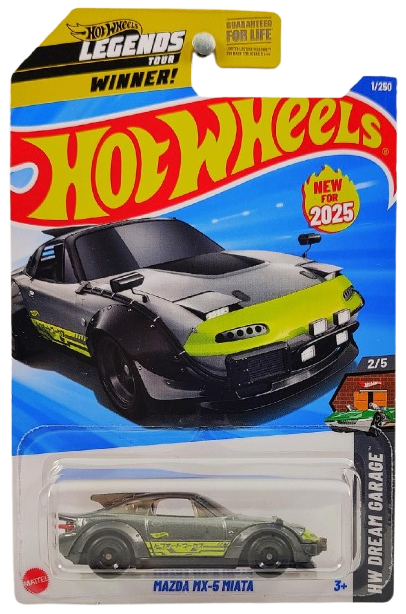 Hot Wheels 2025 - Collector # 001/250 - My Dream Garage 2/5 / New Models / Legends Winner - Mazda MX-5 Miata - Gray Metalflake - USA 'Legends' Card