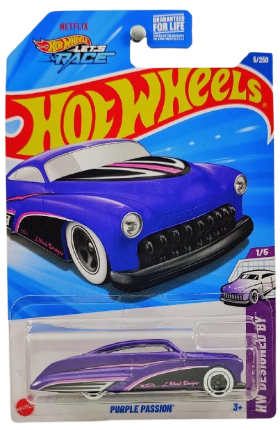 Hot Wheels 2025 - Collector # 005/250 - HW Designed By 1/5 - Purple Passion - Purple Metalflake / 'L Wood Design' - USA 'Let's Race' Card