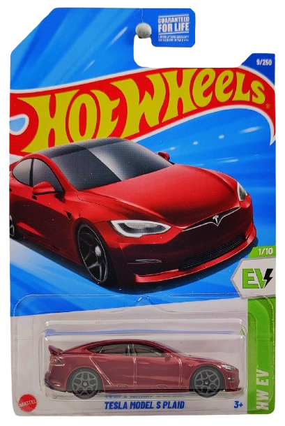 Hot Wheels 2025 - Collector # 009/250 - HW EV 1/10 - Tesla Model S Plaid - Red Metalflake - USA Card