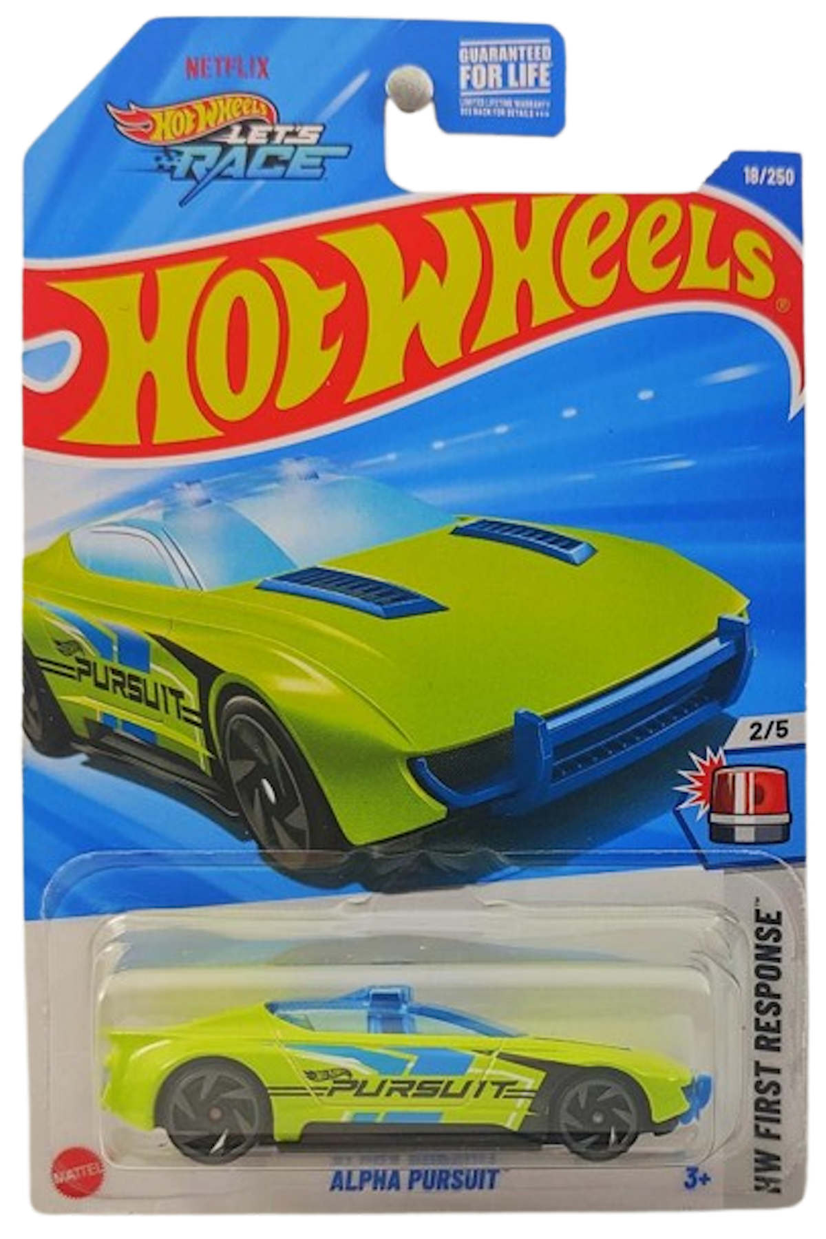 Hot Wheels 2025 - Collector # 018/250 - HW First Response 2/5 - Alpha Pursuit - Bright Green / Pursuit - USA 'Let's Race' Card