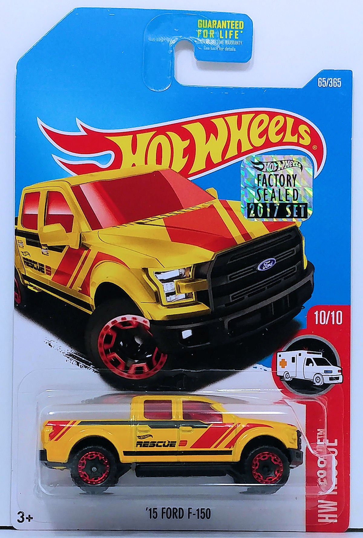 Hot Wheels 2017 - Collector # 065/365 - HW Rescue 10/10 - '15 Ford F-150 - Yellow / Rescue - USA Card with Factory Set Sticker