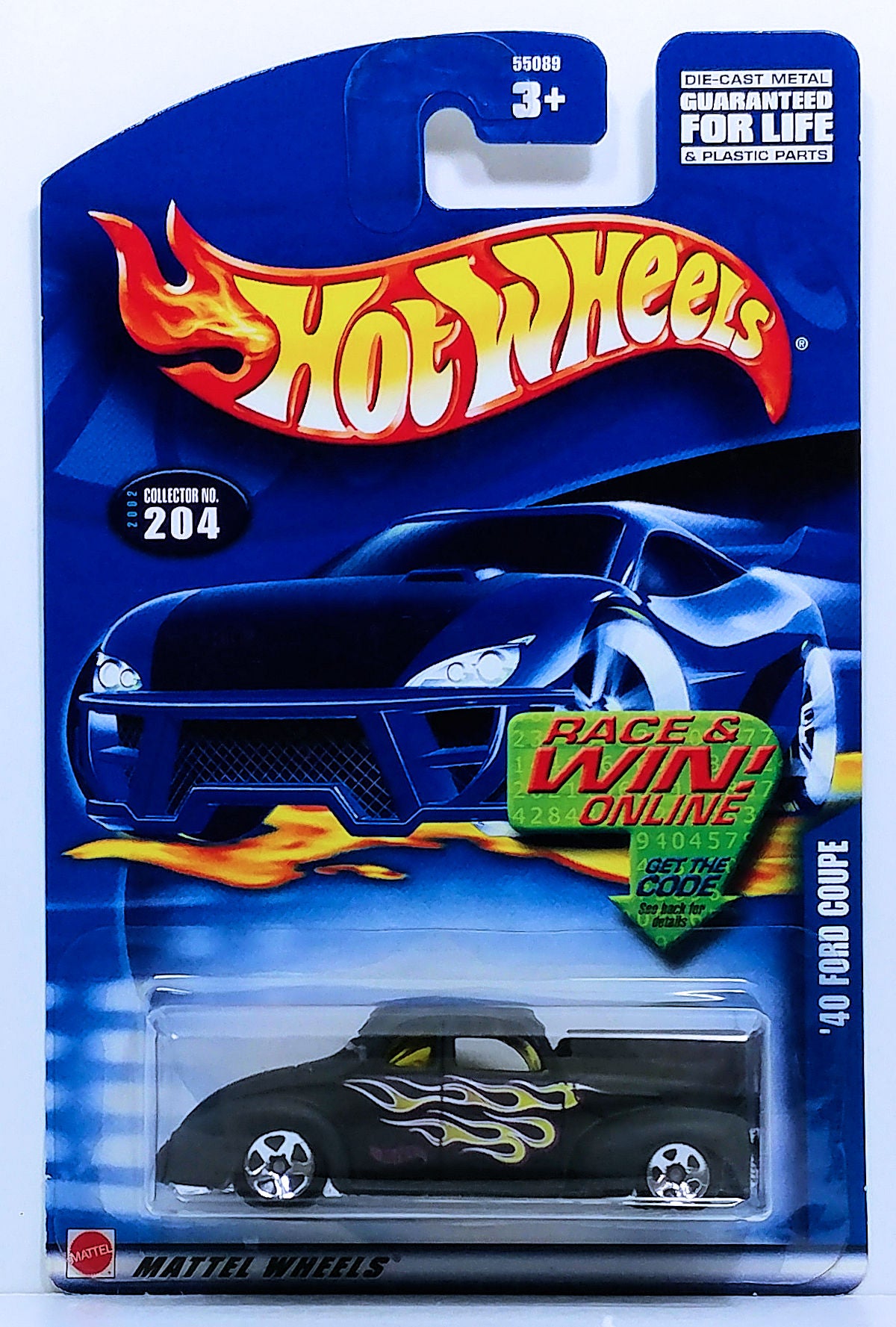 Hot Wheels 2002 - Collector # 204/240 - '40 Ford Coupe - Flat Black / Flames - USA Race & Win Card