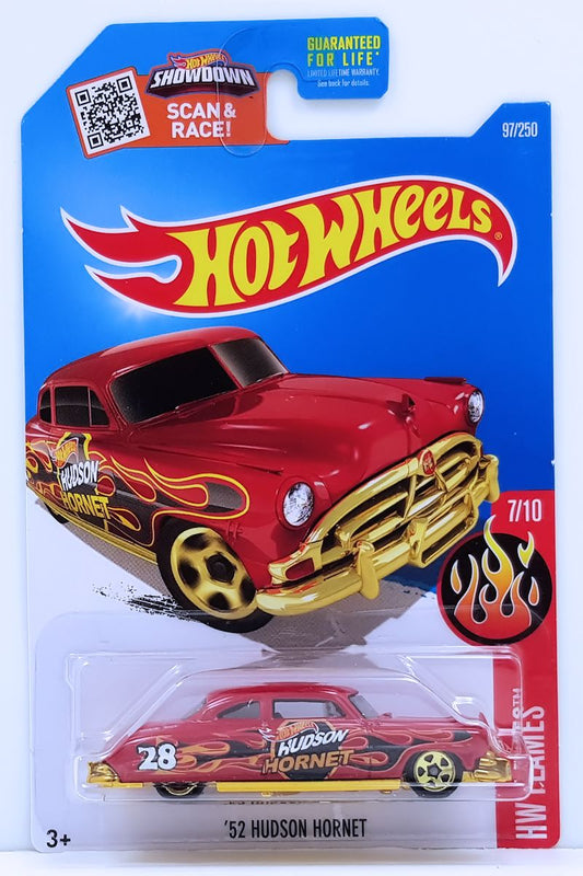 Hot Wheels 2016 - Collector # 097/250 - HW Flames 7/10 - '52 Hudson Hornet - Red / #28 - Gold 5 Spokes - USA Card