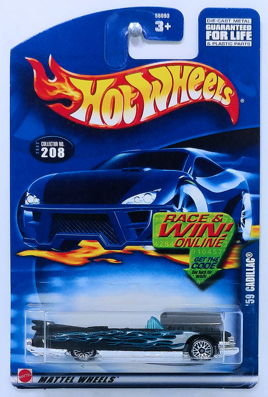 Hot Wheels 2002 - Collector # 208/240 - '59 Cadillac - Matte Black / Flames - USA 'Race & Win' Card