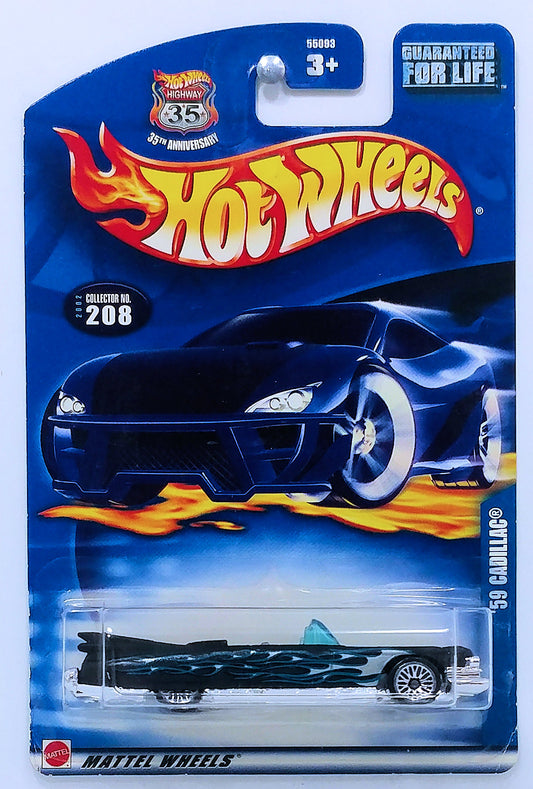 Hot Wheels 2002 - Collector # 208/240 - '59 Cadillac - Matte Black / Flames - USA '35th Anniversary' Card