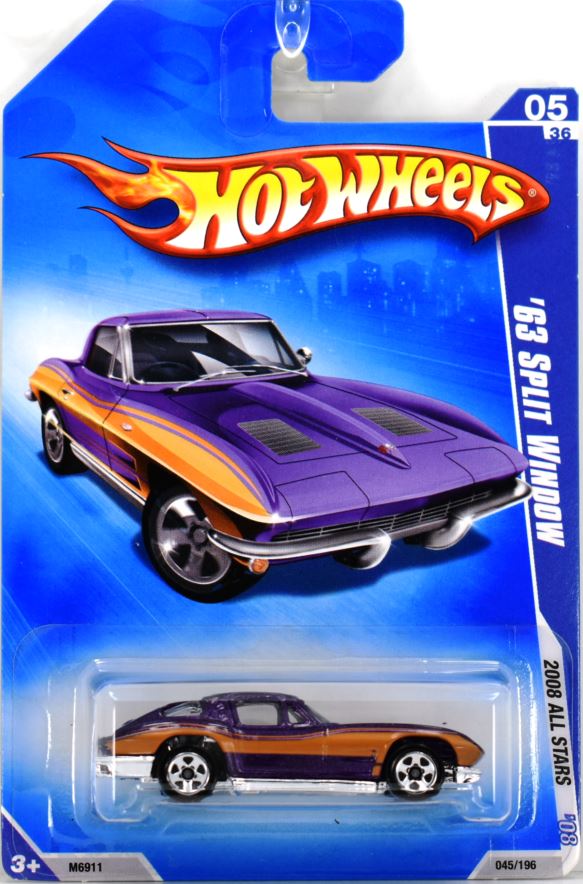 Hot Wheels 2008 - Collector # 045/196 - All Stars 05/36 - '63 Split Window (Corvette) - Purple / Orange Stripe - 5 Spokes - USA '09 Card