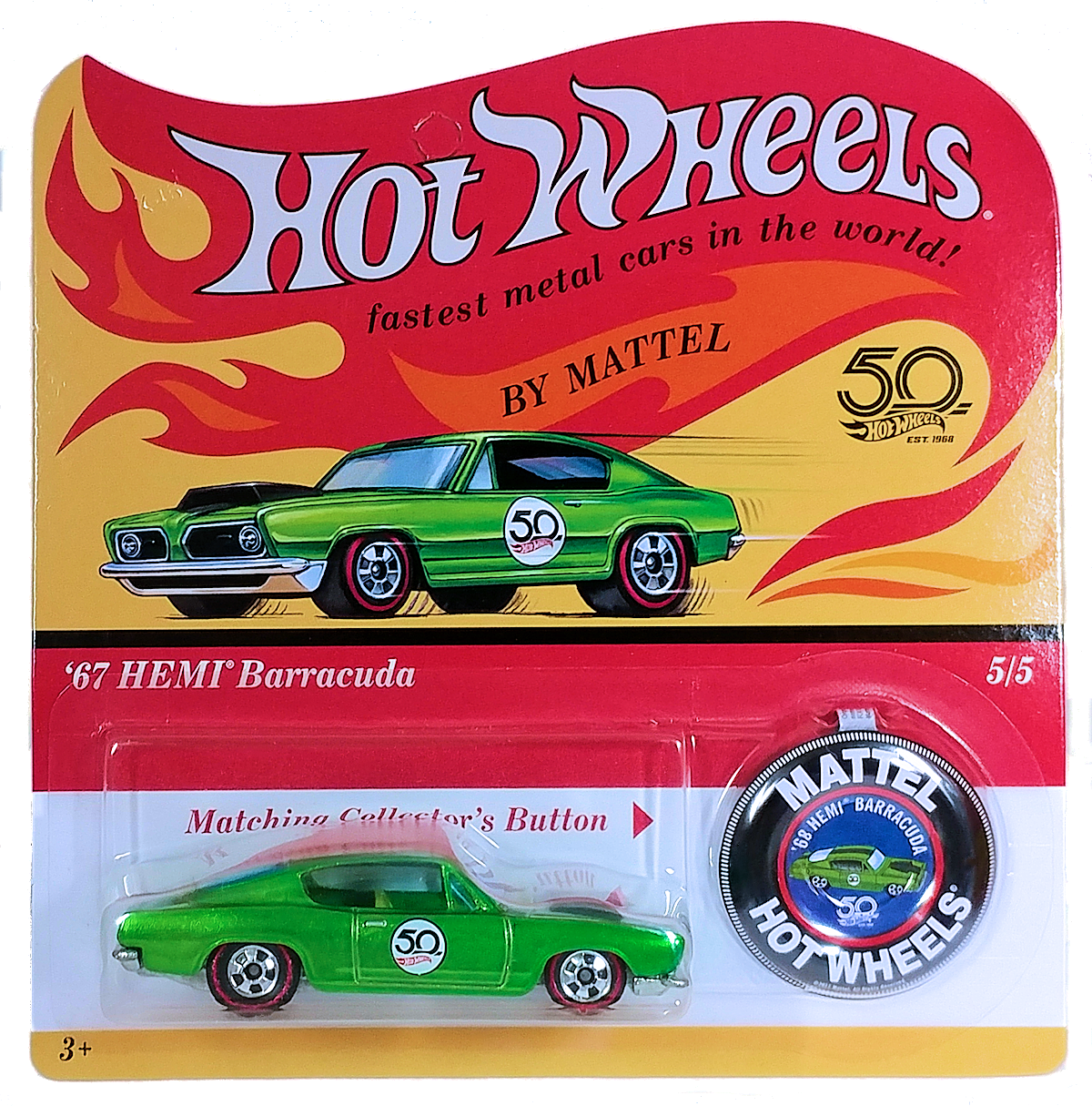 Hot Wheels 2018 - 50th Anniversary Originals Collection # 5/5 - '67 HEMI Barracuda - Spectraflame, Green - RetroRL Wheels - Green Interior - ZAMAC Metal Base - Retro Blister Card & Button