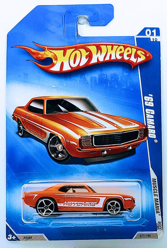 Hot Wheels 2009 - Collector # 077/190 - Muscle Mania 1/10 - '69 Camaro - Orange / Hotchkis - USA Card