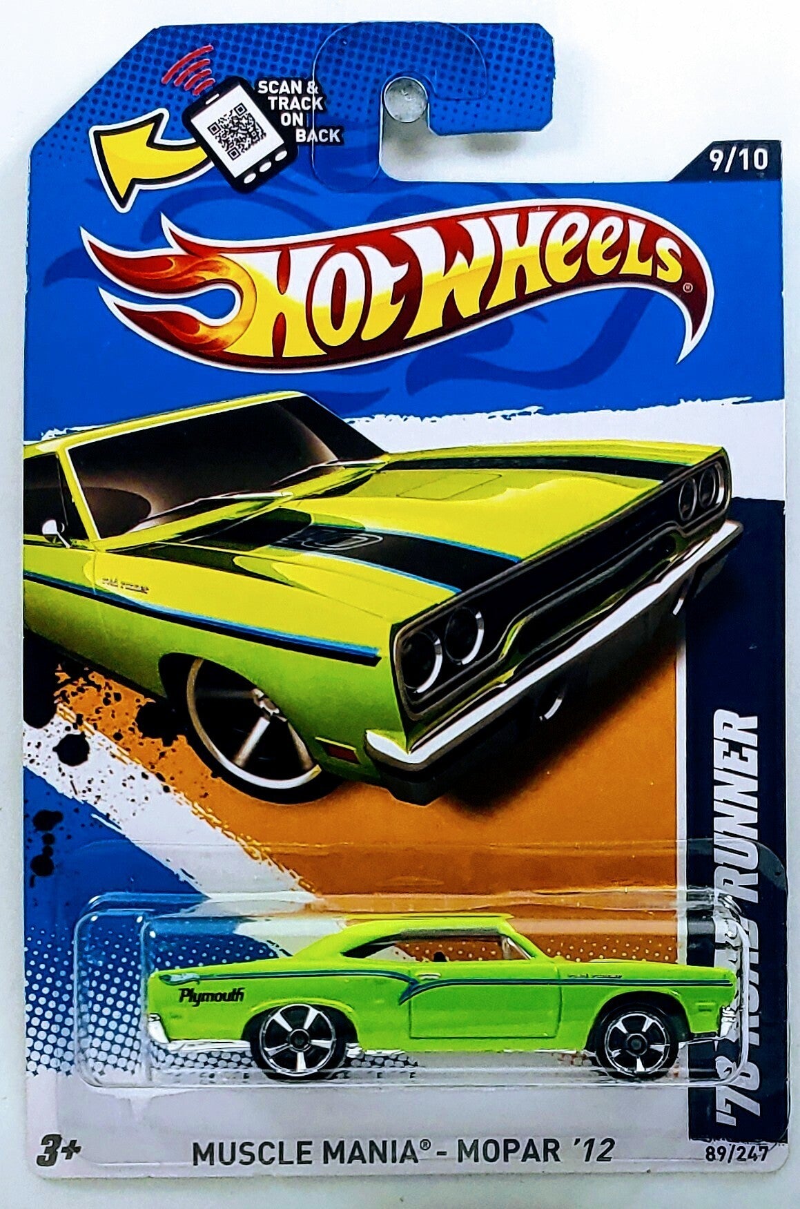 Hot Wheels 2012 - Collector # 089/247 - Muscle Mania 9/10 - '70 (PLYMOUTH) Road Runner - Bright Green - USA Scan & Track Card