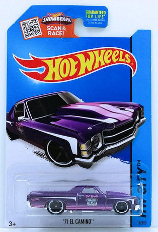 Hot Wheels 2015 - Collector # 018/250 - HW City / HW Performance - '71 El Camino - Purple  Metalflake / Ed Pink's Garage - USA 'Showdown' Card